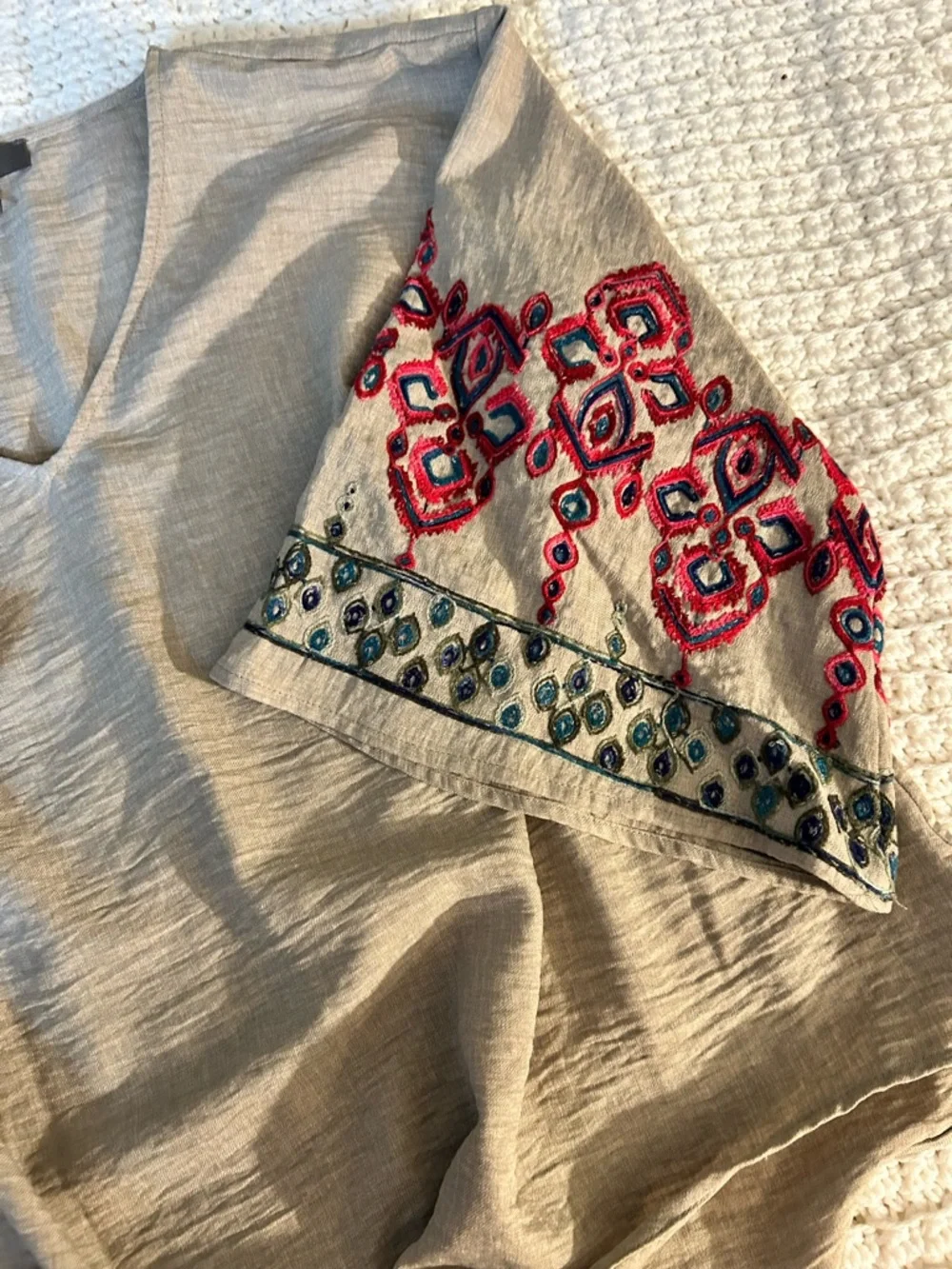 V-Neck Tie-Front Embroidered Sleeve Blouse - Beige with Red & Teal Embroidery